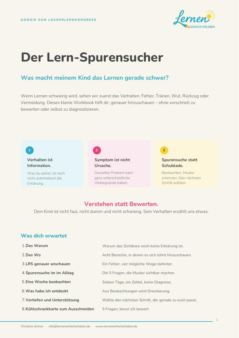 Titelseite des Lern-Spurensuchers: Workbook mit den Kapiteln Das Warum, Das Wo, LRS genauer anschauen und Kühlschrankkarte